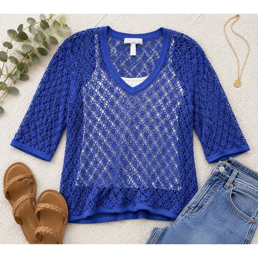 Marcy N' Me Crochet Sweater Women M Blue Vintage 80s Boho Open Knit V-Neck Artsy
